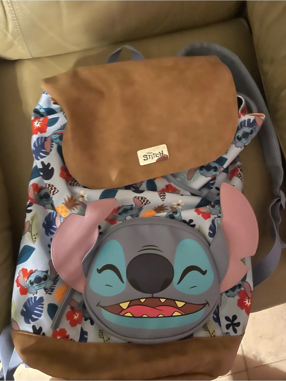 Kids Floral Backpack with Brown Flap - Light Blue & Pink